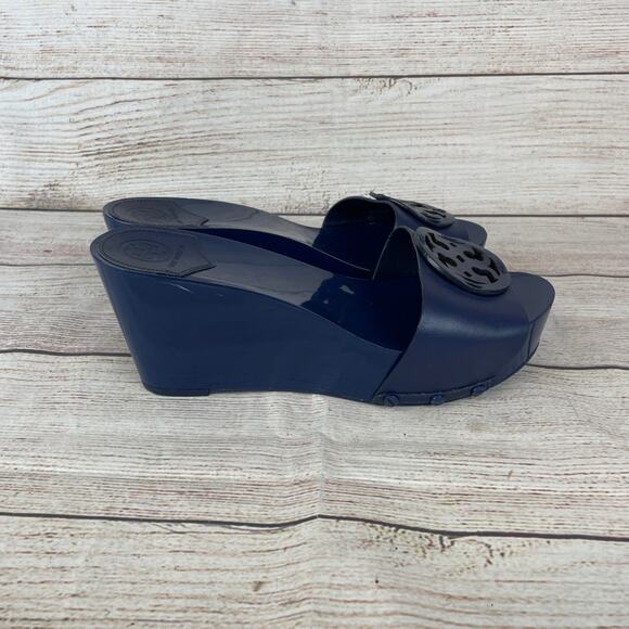 Tory Burch Miller Womens Sz 9.5M Platform Slides Wedges Navy Blue - Picture 4 of 9